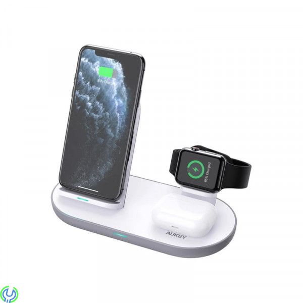 AUKEY LC-A3 Aircore 3-in-1 Trådlös Laddställ - Vit, 3-in-1 Trådlös Laddställ för iPhone, AirPods & Apple Watch, iPhone 16 modell
