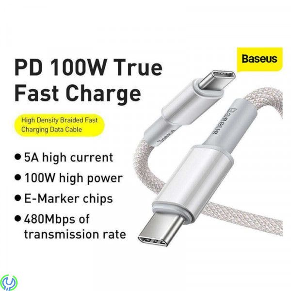 Baseus 5A snabbladdning typ C till typ C 100W 2m Vit, Baseus hög densitet flätad snabbladdning dataKabel typ C till typ C 100W 2